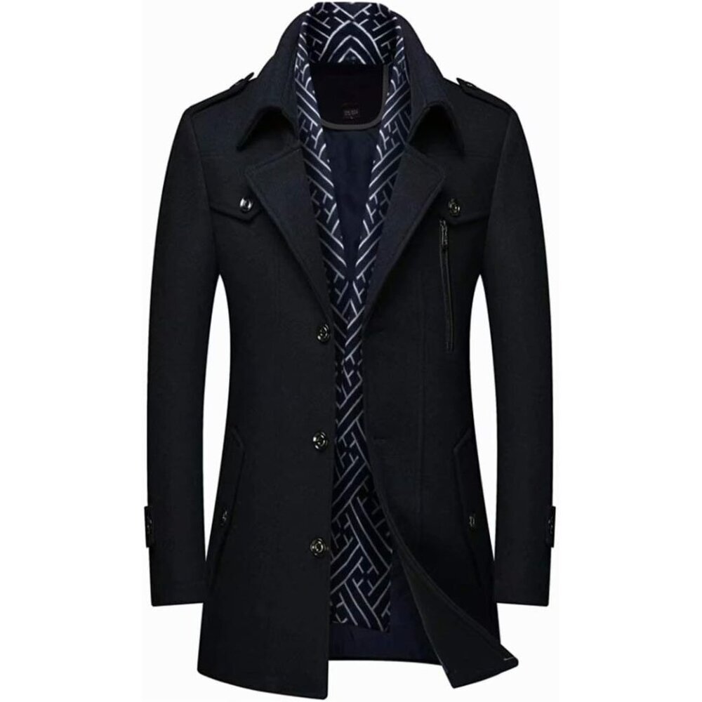 Men's Black 1 Wool Blend Coat Warm Winter Trench Coat With Detachable Soft Scarf